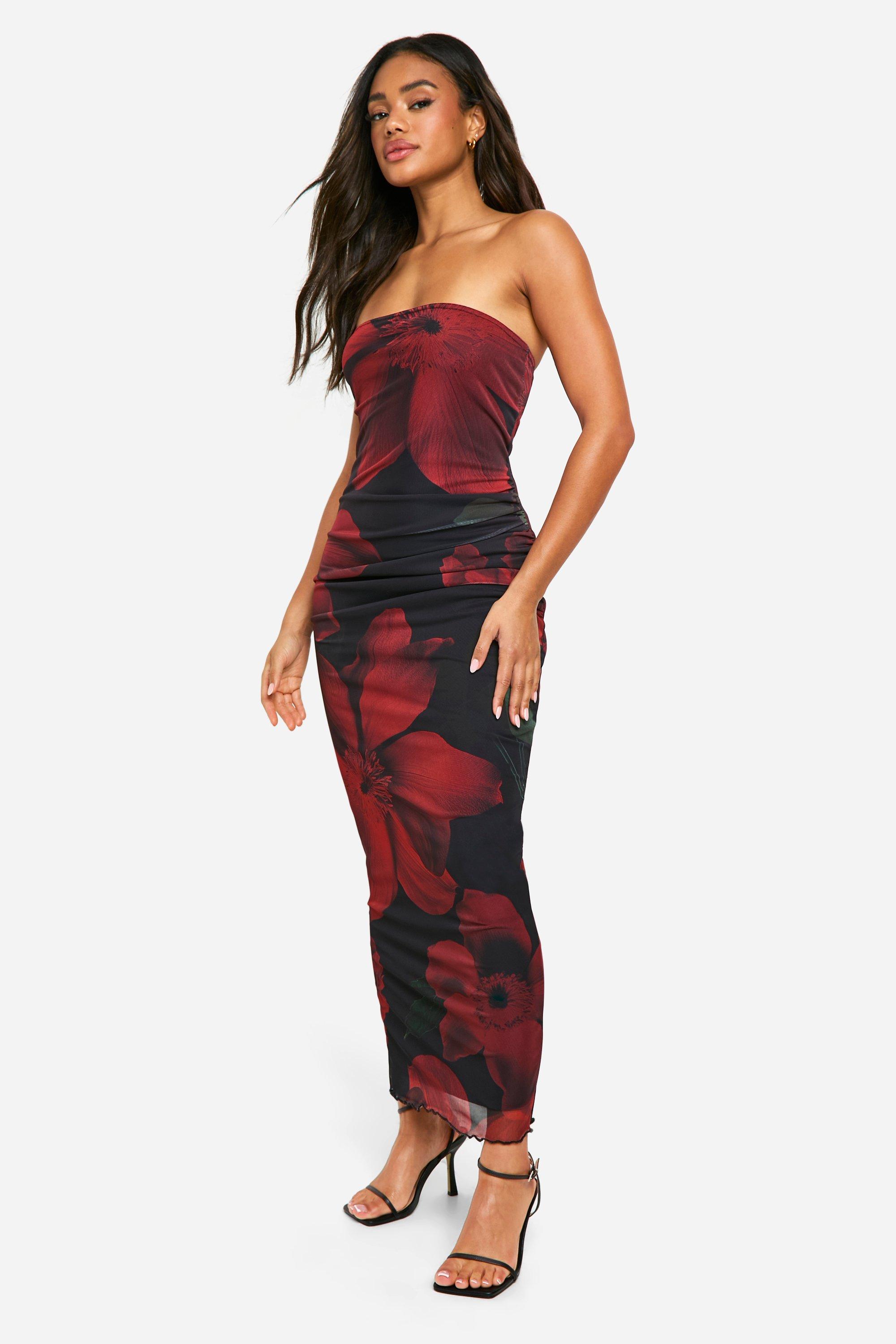 Mesh Flower Print Bandeau Maxi Dress